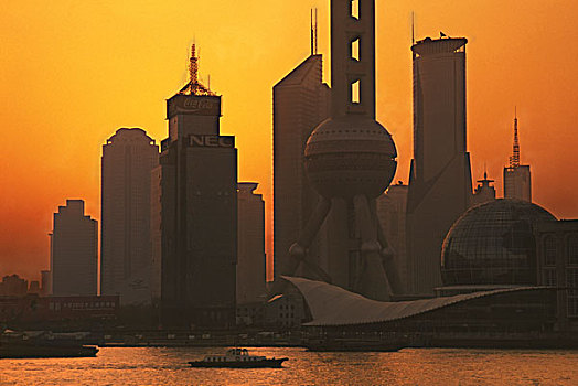 亚洲,中国,上海,东方明珠电视塔,高层建筑,浦东,区域,黄浦江,日出