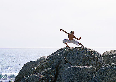 男人,太极拳,石头,靠近,海洋