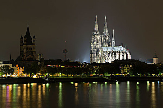 科隆大教堂,光亮,夜晚,莱茵河,科隆,北莱茵威斯特伐利亚,德国,欧洲
