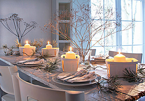 冬天,浪漫,餐桌,装饰,照亮,蜡烛,木头,篮子
