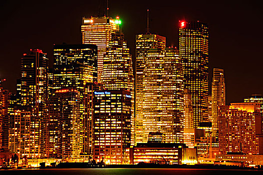 摩天大楼,天际线,夜晚,多伦多,安大略省,加拿大,北美