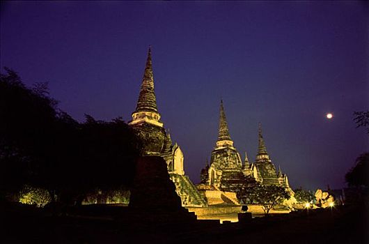 泰国,大城府,古城,夜晚