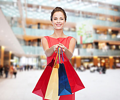购物,销售,圣诞节,假日,概念,微笑,优雅,女人,红裙,购物袋