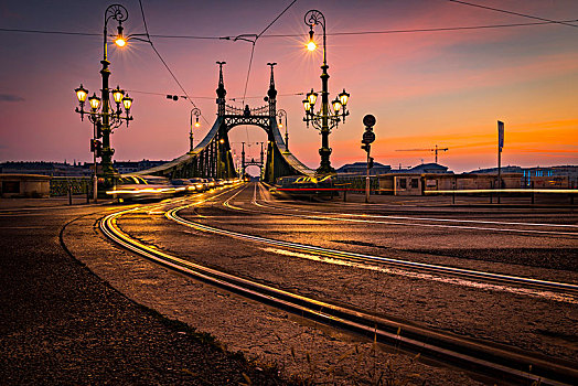 自由,桥,移动,汽车,日出,布达佩斯,匈牙利,欧洲