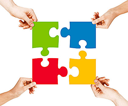 商务,团队,合作,概念,四个,手,联系,彩色,拼图