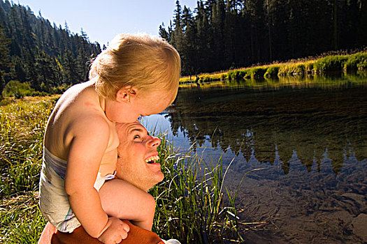 婴护,父亲,肩部,河,靠近,塔霍湖,城市,加利福尼亚