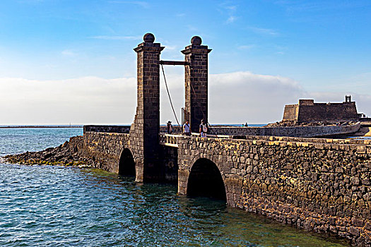 开合式吊桥,正面,堡垒,阿雷西费,兰索罗特岛,加纳利群岛,西班牙,欧洲