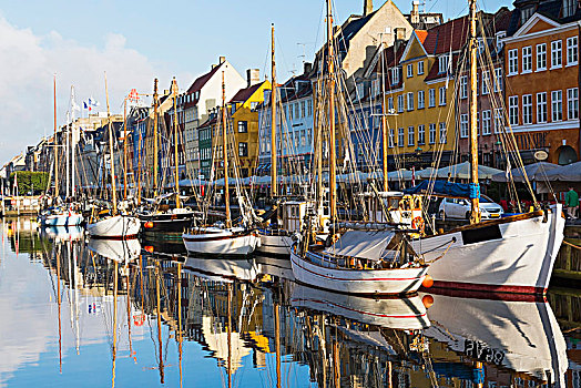 停泊,船,彩色,17世纪,连栋房屋,新港,运河,哥本哈根,丹麦