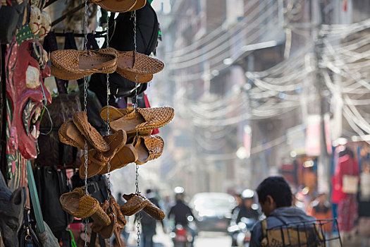 传统,尼泊尔,鞋,背心,倚靠,红墙,店