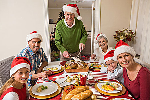 爷爷,圣诞帽,雕刻,烤火鸡,圣诞晚餐
