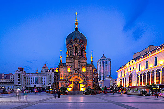 著名,哈尔滨,索菲亚,大教堂,夜晚,广场
