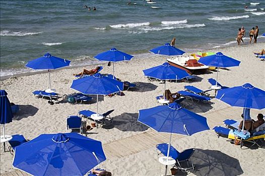 蓝色,伞,海滩,多德卡尼斯群岛,希腊