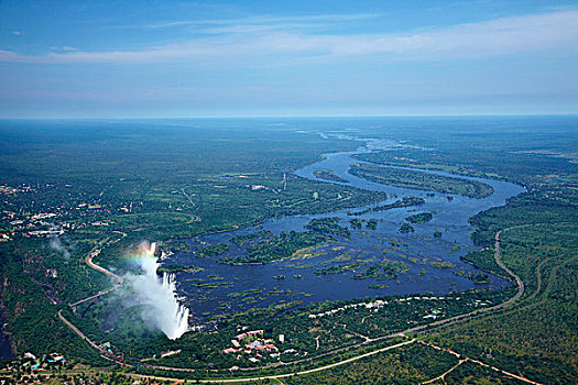 航拍,维多利亚瀑布,莫西奥图尼亚,烟,赞比西河,津巴布韦,赞比亚,边界,非洲