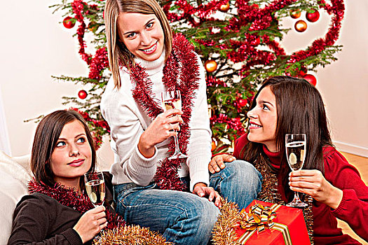 三个女人,年轻,有趣,圣诞节,正面,树