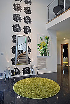 花,墙壁,客厅,凳子,镜子,绿色,地毯,前景