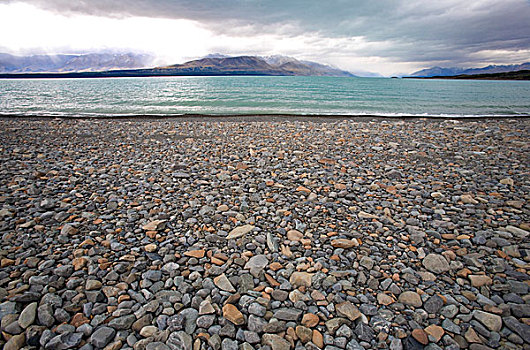 岩石,海滩,普卡基湖,南阿尔卑斯山,新西兰