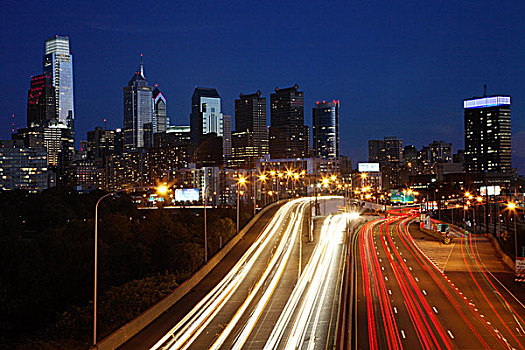 费城,天际线,交通,黄昏