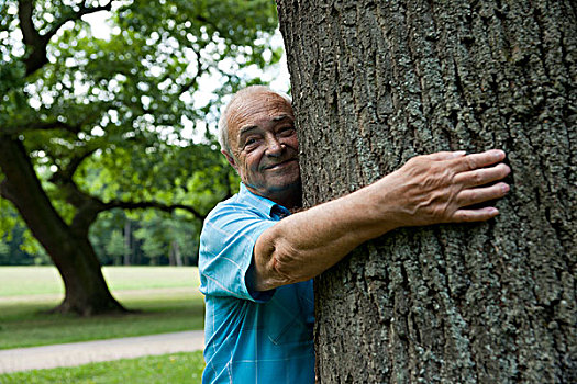 老人,男人,搂抱,树