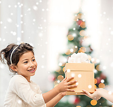 休假,圣诞节,孩子,人,概念,微笑,小女孩,礼盒,在家