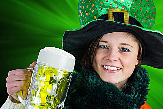 爱尔兰人,女孩,拿着,啤酒,绿色背景
