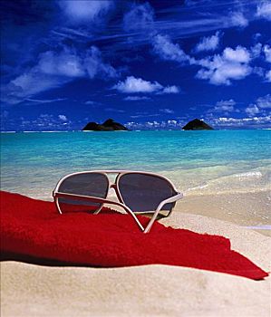 夏威夷,瓦胡岛,墨镜,红色,毛巾,沙子,海滩,背景