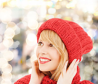 高兴,寒假,圣诞节,人,概念,特写,微笑,少妇,红色,帽子,围巾,上方,背景