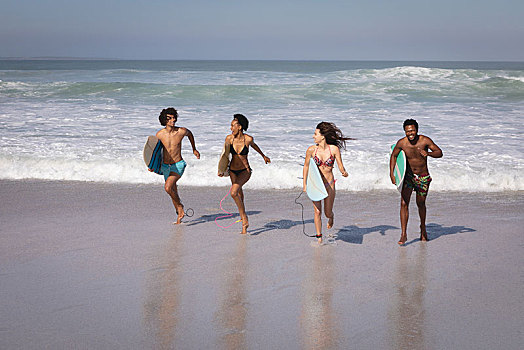 群体,朋友,冲浪板,跑,海滩,阳光