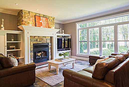 褐色,皮沙发,坐,椅子,天然石,壁炉,客厅,室内,屋舍,风格,家,魁北克,加拿大