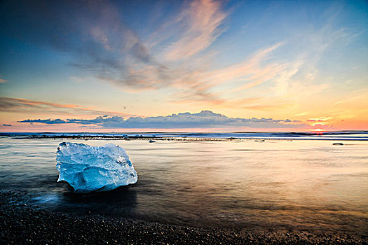 冰山,照亮,日出,杰古沙龙湖,冰岛