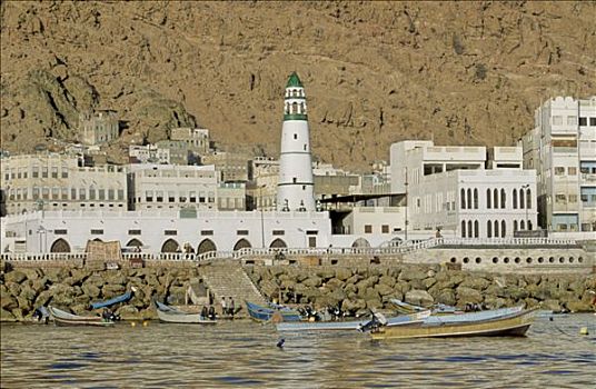 也门,建筑,清真寺,海边,小船