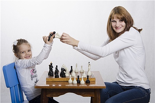 妈妈,女儿,乐趣,玩,下棋