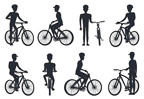 黑色,剪影,骑自行车,骑,自行车,站立,靠近,男人,头盔,帽,矢量,插画,隔绝,白色背景,背景