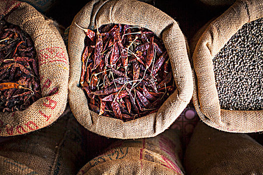 干燥,辣椒,鹰嘴豆,黄麻袋,印度,街边市场