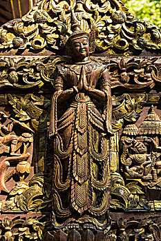 缅甸,曼德勒,传说,山,特写,小,雕刻,柚木,庙宇,隐藏,木头
