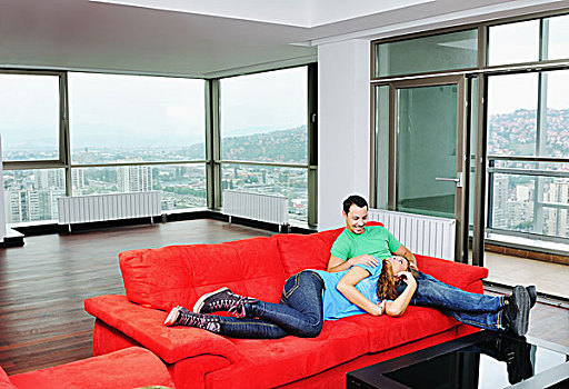 幸福伴侣,放松,红色,沙发,大,鲜明,新,公寓