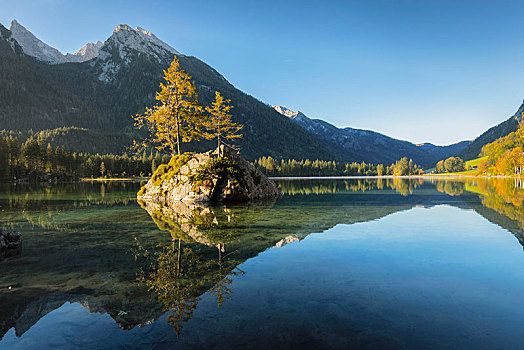 湖,早晨,亮光,后面,拉姆绍,贝希特斯加登地区,国家公园,上巴伐利亚,德国,欧洲