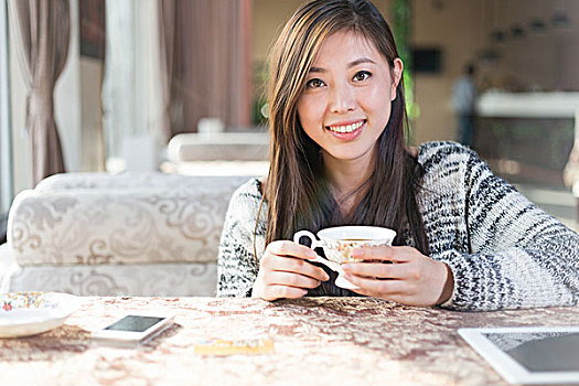 年轻,漂亮,中国人,坐,女人,现代,咖啡