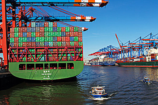 集装箱船,货箱,集装箱码头,左边,船,易北河,汉堡市,德国,欧洲
