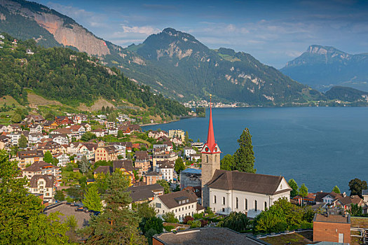 教区教堂,玛丽亚,乡村,岸边,琉森湖,瑞士