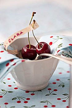 樱桃,银匙,碗,排列,餐巾