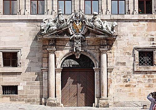 左边,门,市政厅,纽伦堡,中间,弗兰克尼亚,巴伐利亚,德国,欧洲