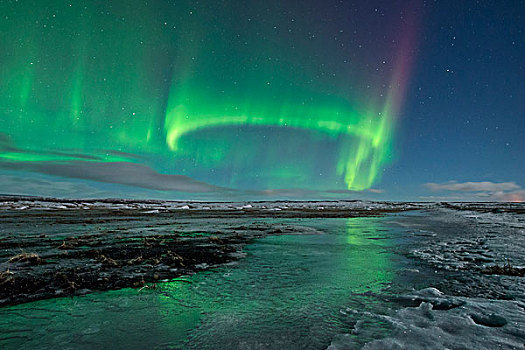 冰岛,极光,绿色,夜晚,星,月亮,暗色,冰,雪,冬天