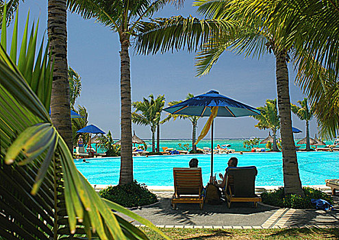 印度洋,毛里求斯,伴侣,游泳池,折叠躺椅,酒店