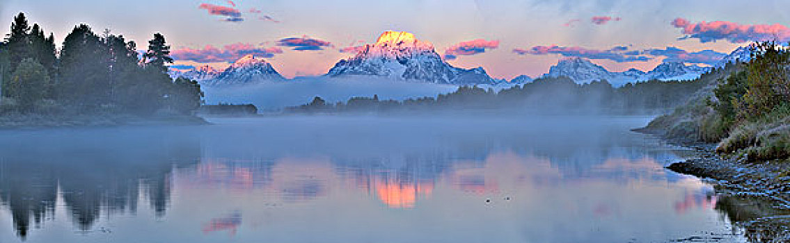 美国,怀俄明,大台顿国家公园,莫兰山,蛇河,前景,日出