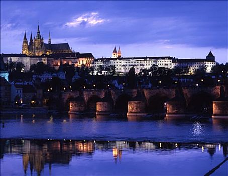 捷克共和国,布拉格,黄昏,查理大桥,城堡,上方,伏尔塔瓦河