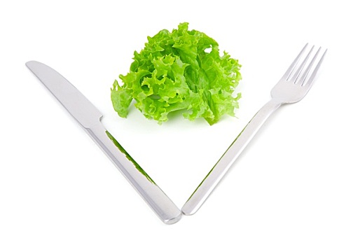 绿叶,莴苣,叉子,刀,隔绝,白色背景
