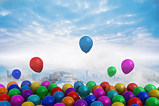 许多,彩色,气球,高处,雪