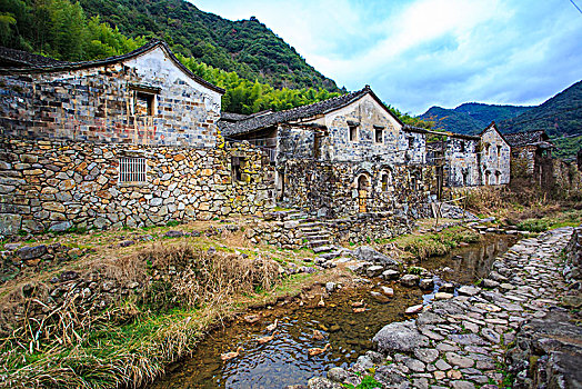 胜坑村,石屋,山村,民宿,小溪