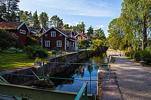 房子,水闸,运河,湖,瑞典