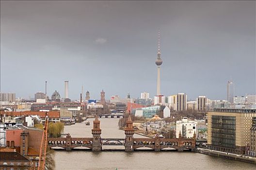 风景,德国,桥,背景,天际线,电视塔,柏林